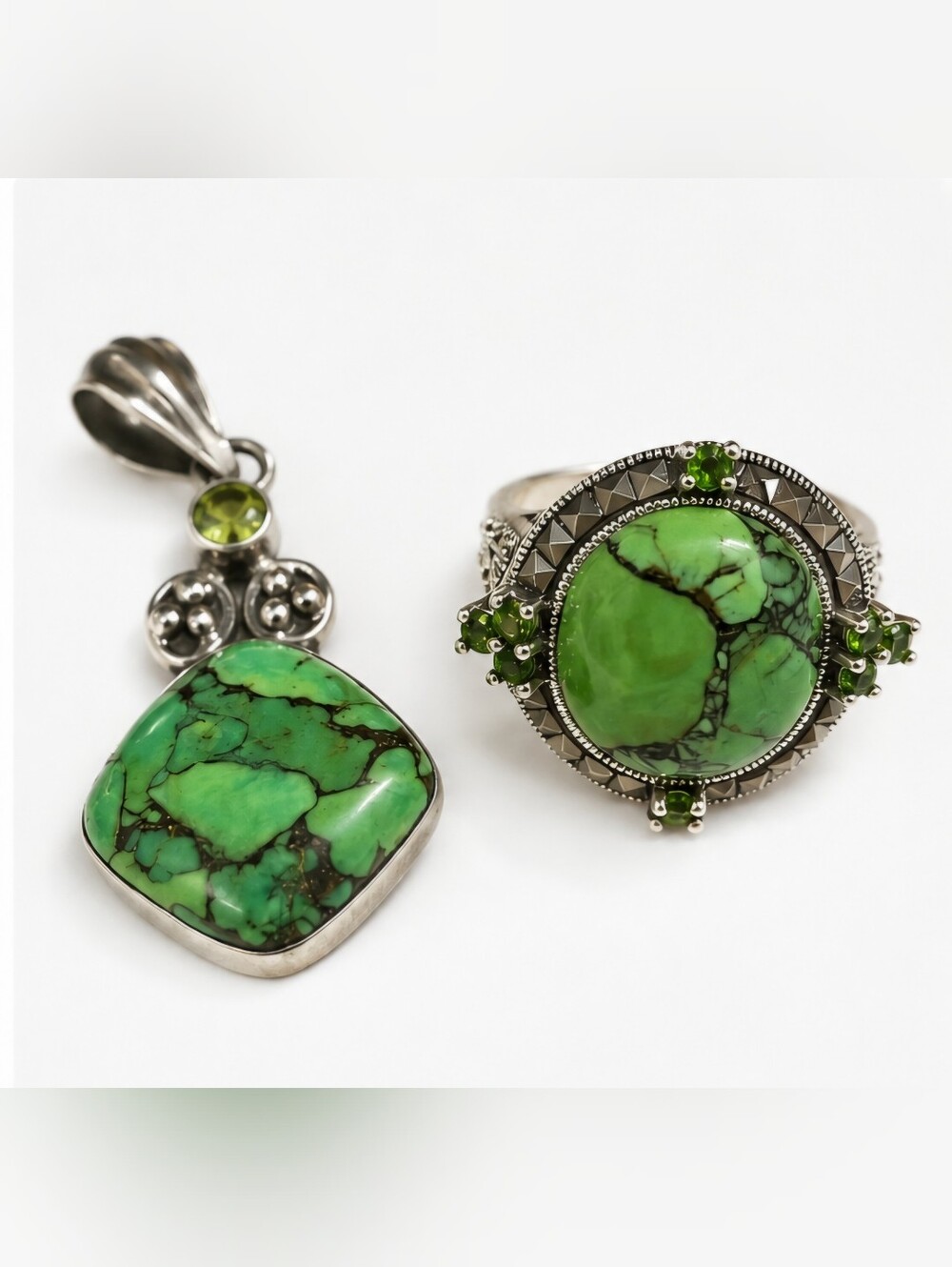 SS Green Gaspeite or Turquoise Ring (Sz 8.75) & Pendant Set | 925 | Marcasite